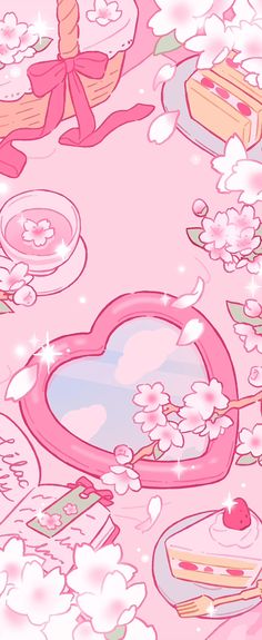 a pink wallpaper with hearts, flowers and cake on it's side that says i love you