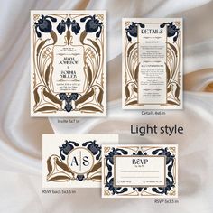 the wedding card is designed to look like an art deco style