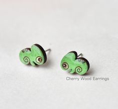 Handmade super cute wooden chameleon wood earrings cute green | Etsy Cute Green Hand Painted Jewelry, Tiny Green Earrings For Gift, Small Green Earrings For Gift, Wood Stud Earrings, Wood Earrings Stud, Laser Cut Jewelry, Wood Studs, Recyclable Materials, Animal Earrings