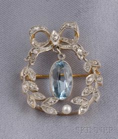 Edwardian Aquamarine and Diamond Brooch | Sale Number 2487, Lot Number 503 | Skinner Auctioneers Edwardian Jewelry, Antique Brooches, Aquamarine Jewelry, Diamond Brooch, Royal Jewels, Fabulous Jewelry, Victorian Jewelry, Silver Brooch, Vintage Jewels