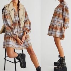 Nwot Small Oversized Perfect In Plaid This Forever Essential Button Front Mini Dress Is Featured In A Slouchy Relaxed Silhouette With Defined Dropped Bottom Hem For Added Dimension Slightly Exaggerated Sleeves Soft Textured Fabrication Lettuce Trim At Shoulders Casual Plaid Mini Dress For Winter, Cotton Mini Dress For Fall Day Out, Plaid Dress For Day Out In Fall, Casual Mini Dress For Daywear In Fall, Brown Mini Dress For Daywear In Fall, Plaid Long Sleeve Mini Dress For Day Out, Button-up Mini Dress For Fall Daywear, Fall Button-up Mini Dress For Daywear, Fall Cotton Mini Dress