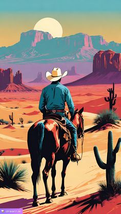 a man riding on the back of a brown horse next to a cactus and mountains