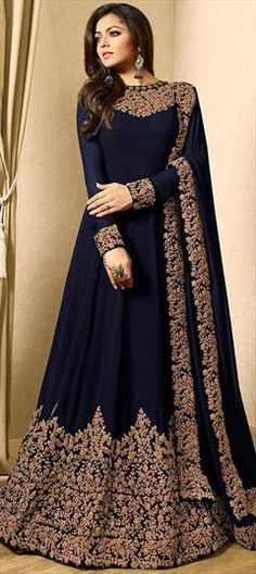 Blue color Salwar Kameez in Georgette fabric with Embroidered, Thread, Zari work Dubata Style, Indian Anarkali Dresses, Drashti Dhami, Salwar Kamiz, Indian Gowns Dresses, Pakistani Bridal Dresses, Indian Gowns, Party Wear Indian Dresses, Dress Indian Style