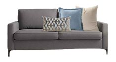 a gray couch with pillows on it and two different colored pillows in front of it