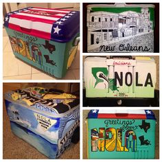 four pictures of the same suitcases with different colors and designs on them, including one for new orleans