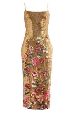 Elegant and enchanting, this square-neck dress is designed with a garden of floral embroidery and a lustrous sequined backdrop. 40 1/2" center front length (size 10) Square neck Spaghetti straps Lined 100% polyester Dry clean Imported Kurtis Style, Rose Cocktail Dress, Garden Dresses, Gold Cocktail Dress, Garden Dress, Golden Glitter, Sequin Cocktail Dress, Glam Dresses, Fancy Dresses