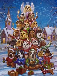 a christmas tree with many dogs and presents in front of the snow covered village, surrounded by holiday decorations