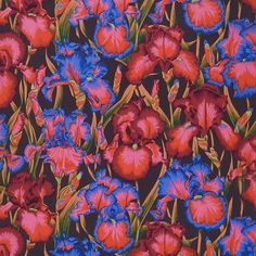 a bunch of red and blue flowers on a black background