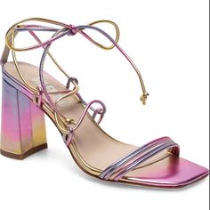 Step Out In Style With These Delicately Laced Sandals That Feature A Comfortable Flared Block Heel To Keep You Dancing The Night Away. A Multi Metallic Ombre Color Gives These The Pizzazz Your Outfit Craves. 3 1/2" Heel Leather Upper/Synthetic Lining And Sole True To Size Glamorous Purple Block Heel Heels, Glamorous Purple Block Heel Shoes, Purple Sandals With Wrapped Block Heel, Glamorous Purple Sandals For Summer, Purple Wrapped Block Heels, Preppy Finds, Hoco Heels, Rainbow Sandals, Short Party Dress