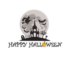 the happy halloween logo with bats and pumpkins in front of a full moon on a white background