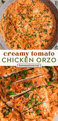 creamy tomato chicken orzo in a skillet