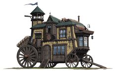 an old fashioned wooden carriage with a tower on the top and two stories above it