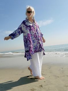 "Hi-Low Linen Tie Dye Tunic with Button Front One Size Purple Tie Dye Linen Shirt, Lagenlook Fits S-4X Extra Long Big Shirt, Button Down LinenShirt, A-Line, High Low, Hand Dyed, Plus Size Resort Fashion (This is the same shirt I also listed in my linen section - I used the same colors for the tie-dye. The shirt is a light taupe-colored linen. Color Combo Name: ALL PURPLES - 3 shades on the light taupe shirt PLEASE follow me on SM http://instagram.com/vacationwardrobenyc https://www.facebook.com/ Tie Dye Tunics, Resort Fashion, Big Shirt, Linen Color, Purple Tie Dye, Dyed Linen, Purple Tie, Plus Size Fashion For Women, Tie And Dye