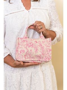 Pink and White Floral Mini Tote - Lolo Viv Boutique Floral Print Bags For Summer Day Out, Summer Floral Print Bag For Day Out, Floral Print Summer Bags, Feminine Spring Handheld Bags, Feminine Handheld Bags For Spring, Summer Cotton Bag With Top Carry Handle, Summer Floral Print Bags For Day Out, Summer Canvas Bag With Top Handle For Daily Use, Spring Feminine Bags With Detachable Strap