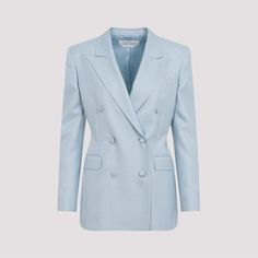 Gabriela Hearst Stone Blue Silk Gavin Blazer. Crafted in silk and virgin wool blend. Notched collar, front buttoned fastening, double breast design, side flap pockets, long sleeves, buttoned cuffs, straight hem, fully lining. Luxury Double-breasted Long Sleeve Suits, Luxury Long Sleeve Double-breasted Blazer, Designer Double Breasted Long Sleeve Suit, Silk Single-breasted Outerwear For Work, Long Sleeve Silk Suit For Office, Silk Single-breasted Outerwear For Office, Single Breasted Silk Outerwear For Office, Silk Single Breasted Outerwear For Office, Luxury Double Breasted Suit With Hidden Button Closure