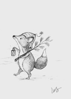 a pencil drawing of a squirrel holding a branch with an ornament in it's mouth