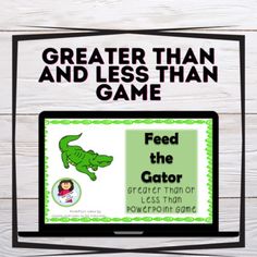 a computer screen with the words, feed the gator or less than powerpoint game