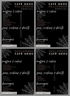 four different menus with black and white designs on them, one is for halloween