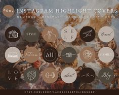 the instagram highlight covers are all different colors and sizes, with various symbols on them