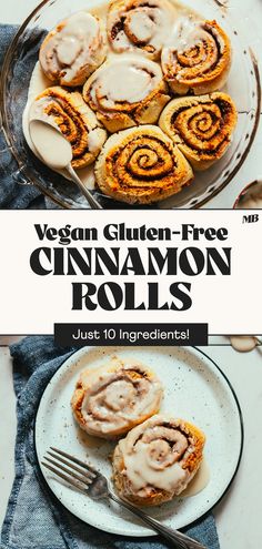 cinnamon rolls on a plate with icing drizzled over them and the title vegan gluten - free cinnamon rolls