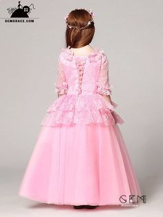 Long Sleeves Lace Pink Ball Gown Flower Girl Dress with Jacket Pink Lace Fitted Ball Gown, Fitted Pink Ball Gown With Lace Bodice, Pink Princess Dress For Debutante Ball, Pink Princess Pageant Dress For Debutante Ball, Pink Lace Bodice Ball Gown For Prom Season, Princess Style Lace Gown With Ruffles, Pink Ball Gown With Lace Bodice For Prom, Pink Lace Ball Gown With Lace Bodice, Pink Pageant Dress For Debutante Ball During Prom Season