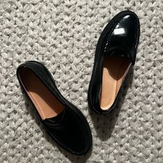 Like New, Black Loafers. Some Signs Of Wear On Soles But Actually Worn Only A Few Times. Black Loafers For Work With Flat Heel, Black Almond Toe Slip-ons For Workwear, Black Almond Toe Slip-ons For Work, Black Flat Heel Slip-ons For Work, Black Flat Loafers For Business Casual, Classic Black Patent Leather Platform Loafers, Casual Patent Leather Platform Loafers For Work, Casual Patent Leather Loafers With Rubber Sole, Casual Patent Leather Loafers For Business Casual