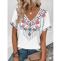 Category:T-shirt; Season:Summer; Fabric:Polyester; Sleeve Length:Short Sleeve; Gender:Women's; Style:Boho; Elasticity:Micro-elastic; Tops Type:T Shirt; Occasion:Daily; Top Length:Regular Tops; Pattern:Flowers; Neckline:V Neck; Brand:Shall We; Listing Date:06/05/2024; Clothing Length:null; Bust:null; Fit US Size:null; Fit UK Size:null; Fit EU Size:null Multicolor Bohemian T-shirt For Beach, Bohemian Multicolor V-neck T-shirt, Summer Hippie V-neck Top, Bohemian Short Sleeve Beach T-shirt, Bohemian V-neck T-shirt For The Beach, Bohemian Multicolor T-shirt For Vacation, Multicolor Bohemian T-shirt For The Beach, Bohemian Multicolor T-shirt For Beach, Bohemian Multicolor Short Sleeve Top