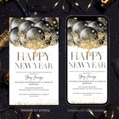 two new year's eve cards with gold and silver decorations