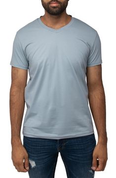 A classic addition to your year-round wardrobe, this V-neck T-shirt is cut from a soft and stretchy cotton blend that feels breezy and light. 28" length (size Medium) V-neck Short sleeves 95% cotton, 5% spandex Machine wash, tumble dry Imported Round Wardrobe, Slate Blue, Sport Coat, Workout Tee, Cotton Shorts, Sweater Jacket, Classic Looks, Men Short Sleeve, Boy's Clothing