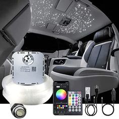 the interior of a vehicle with various lighting and accessories on display in front of it