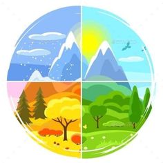 four different seasons with trees and mountains in the background