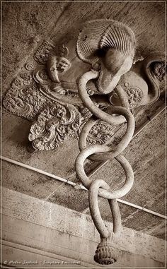 a snake sculpture on the side of a building with an ornate design in black and white