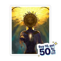 a sticker with an image of a person holding a sun in his hand and the text buy 10 get 50 % off