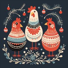 two chickens sitting next to each other on top of a blue background with christmas decorations