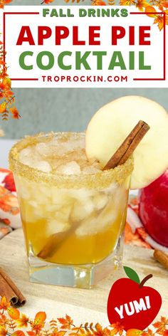 an apple pie cocktail in a glass with cinnamon sticks