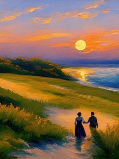 a painting of two people walking down a path towards the ocean at sunset or sunrise