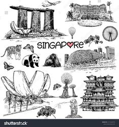 hand drawn singapore symbols and landmarks in black and white royaltyvectors stock photo