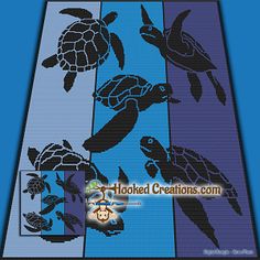 a cross stitch pattern of sea turtles on blue, purple and black strips with the words hooked creations com