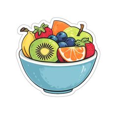 a blue bowl filled with lots of fruit