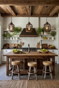 a kitchen with two stools and an island in front of the stove, surrounded by greenery