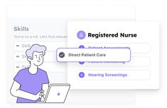the screen shows an image of a person working on a laptop, with text that reads register nurse
