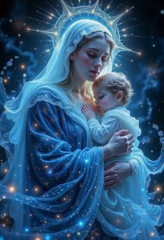 a painting of the virgin mary holding a child in her arms with stars around it