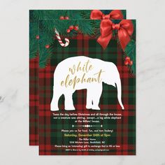 a christmas party card with an elephant on it