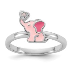 Rhodium over sterling silver children's pink enameled elephant ring with cubic zirconia stone and polished finish. Band width measures approximately 1/16". Animal Themed Jewelry, Elephant Ring, Sterling Silver Wedding Band, Kids Rings, Kids Bracelets, Elephant Design, Jewelry Essentials, Pink Enamel, Childrens Jewelry