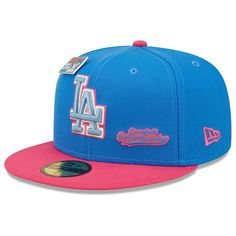 Men's Los Angeles Dodgers New Era Blue/Pink MLB x Big League Chew Curveball Cotton Candy Flavor Pack 59FIFTY Fitted Hat Multicolor Sports Hats For Spring, Casual Pink Fitted Hat With Flat Brim, Pink Hats For Spring Sports Events, Sporty Pink Hat For Spring, Pink Baseball Cap For Sports In Spring, Pink Sports Cap, Pink Baseball Cap For Spring Sports, Sporty Pink Baseball Cap For Sports Events, Pink Flat Bill Sports Hat