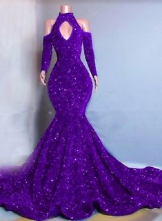 Mermaid Party Dress With Sweep Train, Mermaid Dresses With Sweep Train For Party, Purple Fitted Long Sleeve Gown, Fitted Long Sleeve Purple Gown, Mermaid Prom Dress For Party Season, Mermaid Evening Gown With Sweep Train, Mermaid Gown With Sweep Train For Evening, Mermaid Evening Dress For Prom Season, Mermaid Dress For Prom Season Evening