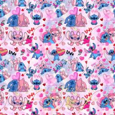 a pink and blue wallpaper with hearts and lil the poohs on it