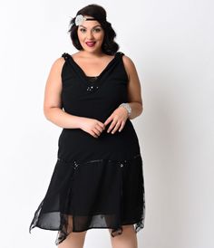 Unique Vintage Plus Size Black Hemingway Flapper Dress Black 1920s Flapper Dress For Costume Party, Black Flapper Dress For Party, Black Knee-length Flapper Dress, Black Flapper Dress For Formal Occasions, Black Flapper Dress For Cocktail Events, Black Cocktail Flapper Dress, 1920s Black Flapper Dress For Cocktail, Black Formal Flapper Dress, Black Flapper Dress For Costume Party