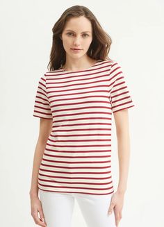 Breton Stripe Shirt | Boatneck Short Sleeve | Official Saint James® Site – Saint James USA Striped Short Sleeve Summer Top, Summer Striped Short Sleeve Tops, Nautical Style Cotton T-shirt With Short Sleeves, Nautical Cotton T-shirt With Short Sleeves, Striped Sailor Style Cotton Top, Sailor Style Striped Cotton Top, Nautical Cotton T-shirt For Summer, Striped Nautical Tops For Summer, Nautical Striped Tops For Summer