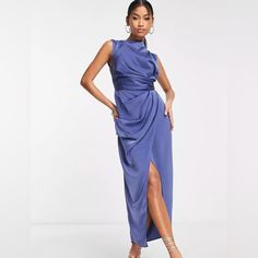 Never Worn Dress By Asos, Perfect For Weddings, Just Did Not Fit Me Blue Draped Wedding Evening Dress, Blue Draped Evening Dress For Wedding, Blue Pre-draped Midi Dress, Pre-draped Sleeveless Dress For Wedding Guests, Blue Sleeveless Pre-draped Maxi Dress, Blue Draped Prom Dress, Formal Blue Draped Maxi Dress, Blue Ruched Dress For Wedding, Blue Satin Midi Dress For Wedding